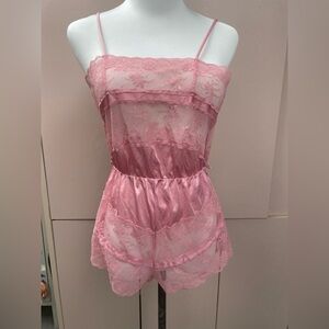 Vintage Texsheen 1980s teal blue Lingerie Teddy Romper Bows & Lace Cute size S